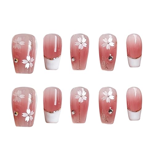 Veil Press On Nails 10pcs, Pink Cherry Blossom Gradient UV Gel/Acrylic False Nails, Elegant Floral French Tip Spring Blossom Nail Art for Women, Cute Pastel Flower Soft Glam Nail Set (Pink, M)