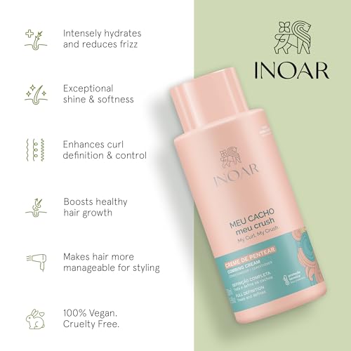 Inoar MEU Cacho MEU Crush Combing Cream with Plant-Based Collagen & Vitamin E for Curly Hair Hydration & Definition, 17.6 fl.oz