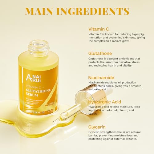 ANAI RUI Vitamin C Glutathione Serum with Hyaluronic Acid, and Niacinamide, for Dark Spots,Wrinkles, Improves Skin Tone, Hydrating & Glowing 1.05fl.oz