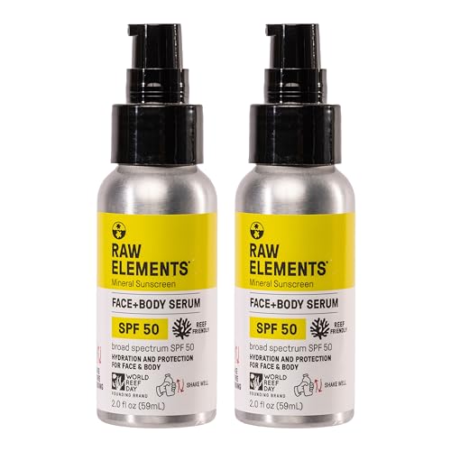 Raw Elements Face + Body Serum SPF 50 All-Natural Mineral Sunscreen - Reef Safe, Water Resistant, Broad Spectrum UVA/UVB Protection, Safe For All Ages, Travel Size 2oz (Pack of 2)