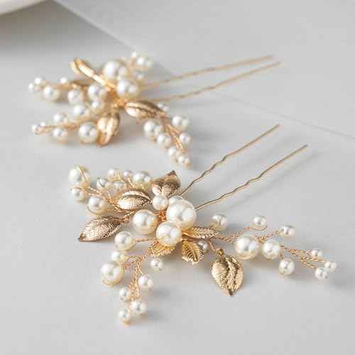 SWEETV 2Pcs Bridal Hair Accessories Pearl Bride Wedding Hair Pins Leaf Bridal Head Piece Rhinestones Hair Jewelry Gold Hair Accessories for Women and Girls