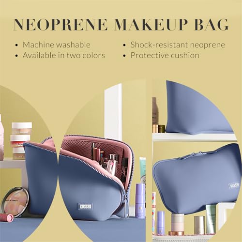 KUSSHI Neoprene Makeup Bag - Washable Makeup Bag for Stress Free Travel (Pearl Blue/Sand Pink)