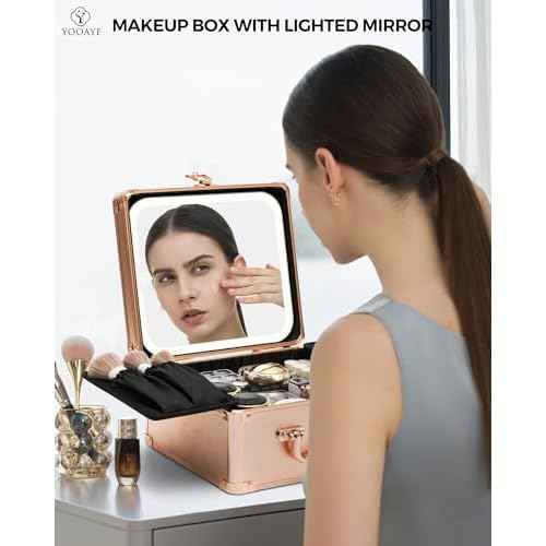 Makeup Box with Detachable Lighted Mirror?Travel Train Case, Cosmetic/Storage Organizer & Makeup Suitcase with Adjustable Dividers & Magnetic LED Mirror (Rose Gold)