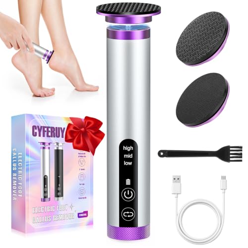 CYFERUY Silver Electric Foot Callus Remover with Nano-Glass Heads, Rechargeable Pedicure File, Up to 6H Runtime, Adjustable Speeds, Gift for Men Women