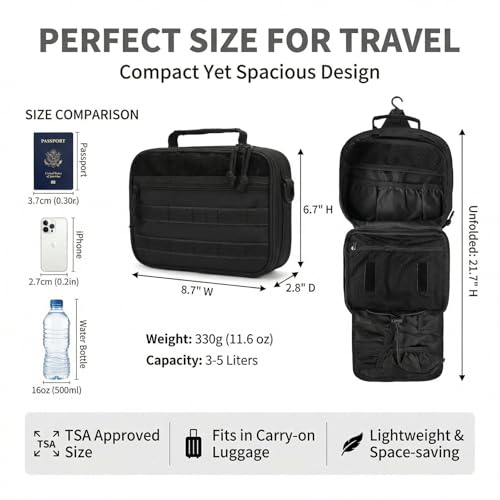 VELVEBAG Tactical Toiletry Bag for Men, Hanging Toiletry Bag for Men, Hanging Waterproof TravelShaving Hygiene Bag, Bathroom Multi-pocket Organizer, for Short Trips, Camping & Gym, Black
