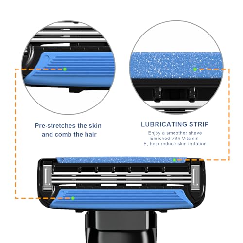 3-Blade Men Razor with Lubricating Strip & Pivoting Head - Safety Razor Blades Kit Includes 2 Handles, 12 Razor Blade Refills, Wall Hook & Cleaning Brush