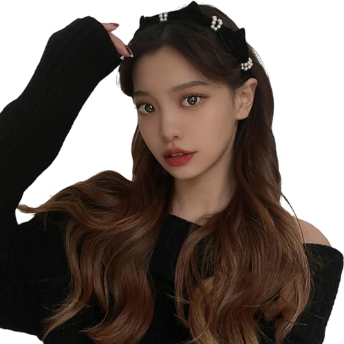 EIIXMSO 2 Pcs Black Velvet Bow Headband Vintage White Pearl Beaded Headband for Women