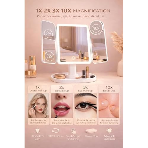 Lupow Makeup Mirror Vanity Mirror with 3 Lighting and Adjustable Brightness,Detachable Height-Adjustable Dresser Mount,2X,3X,10X Magnification,Suitable for Bathrooms,Vanity,Ideal Gifts for Women