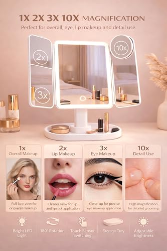 Lighted Makeup Vanity Mirror with 1X/2X/3X/10X Magnification
