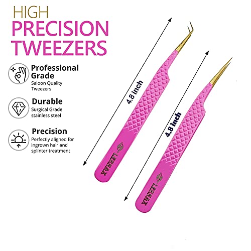 2 Pcs Pink Stainless Steel Tweezers for Eyelash Extensions, Eyelash Extension Tweezers Set, Volume Tweezers, Lash Extension Precision Tweezers, Extension tweezers.
