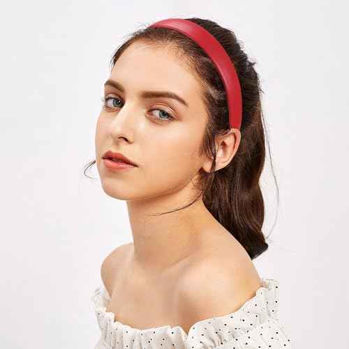WantGor 1 Inch PU Leather Headband, Wide Padded Hairband Fashion Hair Bands Cute Womens Headbands Holiday DIY Hair Accessories (Red)