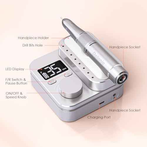 Delanie Electric Nail Drill Machine 35000 RPM, E File for Nails Professional with Magnetic Handpiece Holder, Rechargeable Electric Nail File with 7 bits & 36 Sanding Bands for Manicure Pedicure