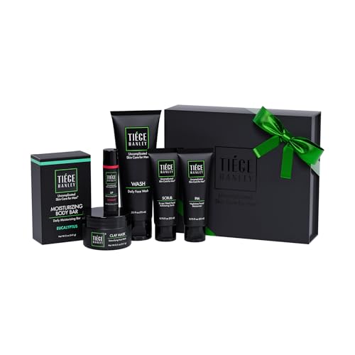 Tiege Hanley Skin Care Gift Box for Men, Silver Gifting Skincare Set With Daily Face Wash, Exfoliating Scrub, AM & PM Moisturizer, Clay Mask, Lip Balm, & Body Bar Soap, Men¡¯s Skin Care, 6 Piece Set