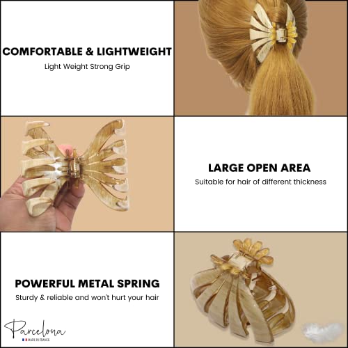 Parcelona French Fleur Medium 3.25" Wide Celluloid Claw Clips Covered Spring Fashion Durable Styling Clips Women Hair Accessories No Slip Grip Hair Clip for Girls, Made in France (Dusty Beige Brown)