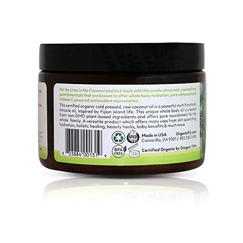 Organic Fiji Raw Cold Pressed Coconut Oil for Hair, Skin, Face & Body | Relaxing Massage Oil | Coconut Lime,12 oz for Women Men & Baby