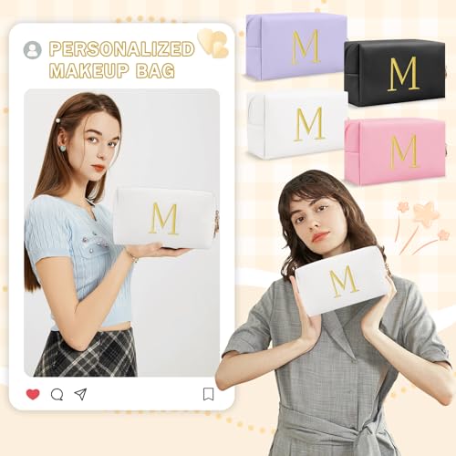 Personalized Initial Makeup Bag with Gold Embroidery - Small Cosmetic Organizer for Travel