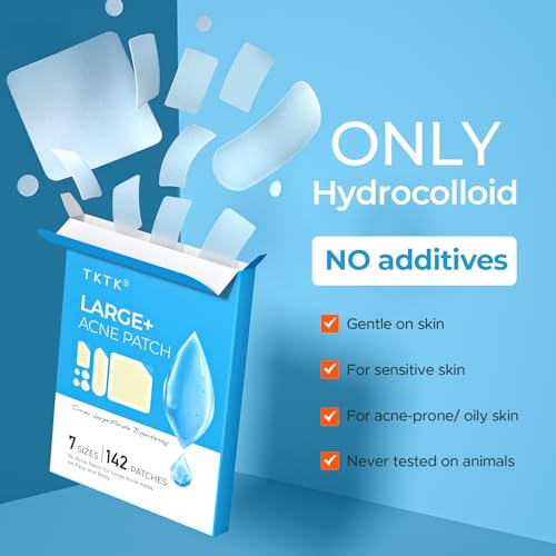 Large Pimple Patches for Face, 7 Sizes Big Acne Patches, FSA Eligible XL Hydrocolloid Bandages for Body, Chin, Forehead, Nose, Blemish Zit Breakouts, Hydrocolloid Patch (Square, Strip, Dot 142 Count)