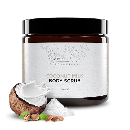 Jema & Co. - Exfoliating Body Scrub, Body Exfoliator with Shea Butter, Coconut & Sweet Almond Oil, Moisturizing Dead Sea Salt Scrub (Coconut Milk, Large, 16 Ounce)