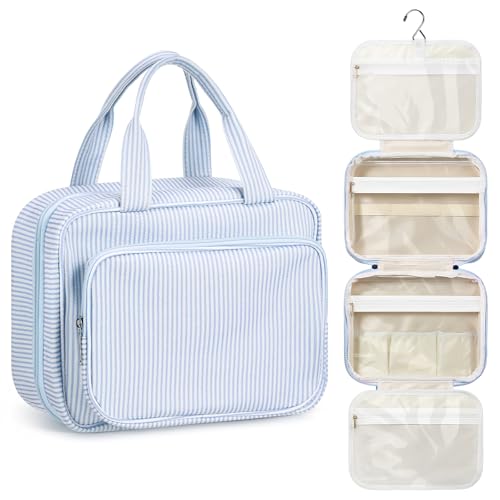 Hanging Toiletry Bag for Women with Detachable Pouch, Travel Toiletry Bag, Travel Size Toiletries, Cosmetic Bags, Seersucker Makeup Bags Gifts for Her Mom Girlfriend Wife Teacher(Blue)