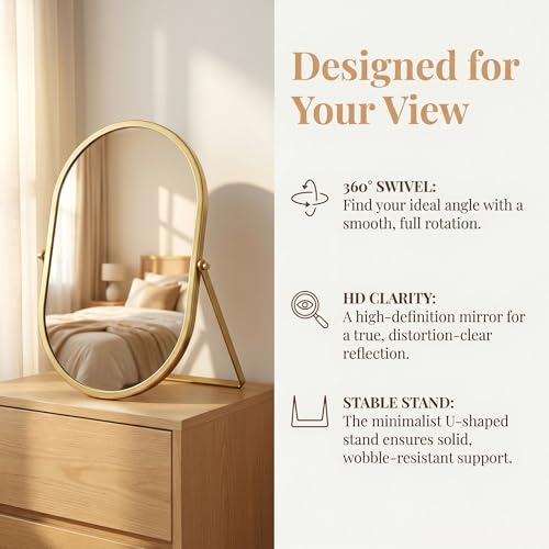 Oval Vanity Mirror 360° Rotation 180° Tilt with Gold Metal Frame - Desktop Tabletop Makeup Mirror