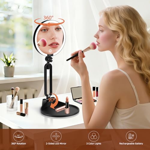 JJhxr 40X/1X Black Double-Sided LED Makeup Mirror with Lights, 6-Inch
