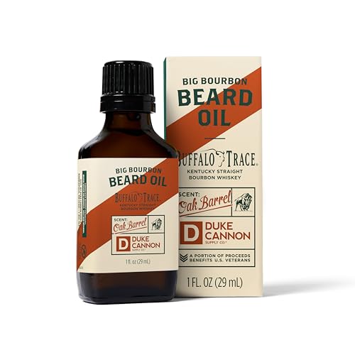 Duke Cannon Bourbon Beard Oil - Travel Size 1 fl. oz | Premium Apricot Kernel, Argan, & Jojoba Oils | Softens & Conditions | Woodsy Oak Barrel Scent