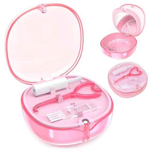 Pink Aligner and Retainer Case Double-layer Cute Slim Braces Night Mouth Guard Case with Remover Tool, Chew and Cleaning Brush, Built in Mirror Orthodontic Dental Retainer Container