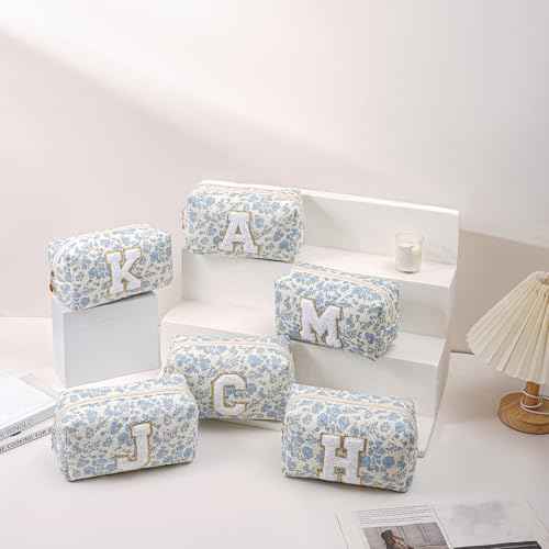 JOVAKIT Alphabet Makeup Bag Cosmetic Bag for Women, Christmas Gifts for Girls Age 6-18, Floral Flowers Coquette Travel Toiletry Zipper Make Up Pouch Organizer Trendy Stuff (Blue Floral M)