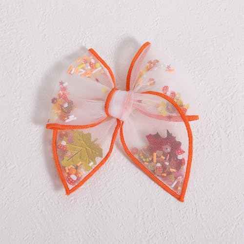 Fall Thanksgiving Turkey Mesh Tulle Hair Bow Clips for Girls, 2Pcs 4" Mushroom Shaker Fable Bow Cheer Barrettes,Autumn Holiday outfit Dress Decor Accessory for Teens Kids Toddler Gift