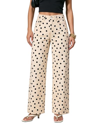 Grapent High-Waisted Wide Leg Polka Dot Denim Jeans for Women