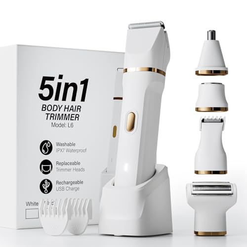 Electric Razors for Women, 5-in-1 Wet/Dry Bikini Trimmer with USB Charge Dock, Deluxe Facial Hair Removal, Wet/Dry Body Shaver for Nose Eyebrows Beard Underarm Leg Arm, IPX7 Waterproof (White)
