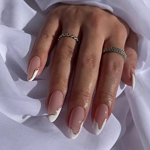 DOUBNINE Press On Nails Almond Medium Nude Pink White French Tip Glitter Acrylic False Nails with Glue Glossy Ballerina Natural Look Full Cover Stick On Nails for Daily Wear Women