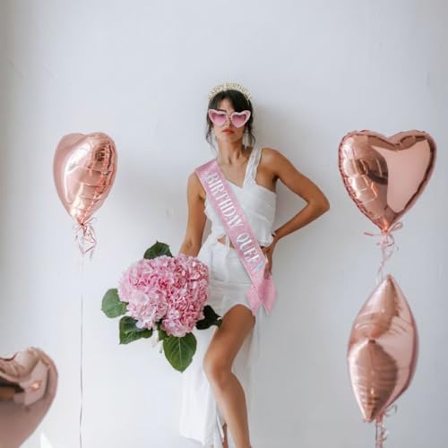 Pink Birthday Queen Sash with Sparkling Crystal Headband & Heart Sunglasses - 21st, 25th, 30th, 40th, 50th, 60th Women Party Accessories