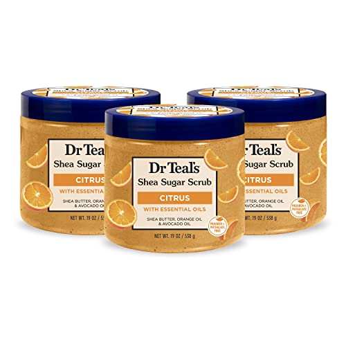 Dr Teal's Shea Sugar Body Scrub, Citrus with Essential Oils & Vitamin C, 19 oz (Pack of 3) (Packaging May Vary)