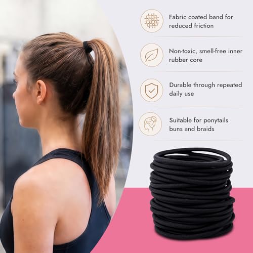 Black Hair Ties No Damage - Organic Ponytail Holders for All Hair Types - 4mm Elastics, 32 Count - Variation: Black
