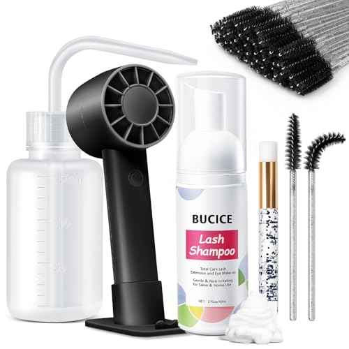 Lash Shampoo Kit-60ML Lash Cleaning Set with Rechargeable Eyelash Fan/Mascara/Resin Bottle, Oil-Free Cleansing Kit for Lash Washing/Extension/Home Salon Use