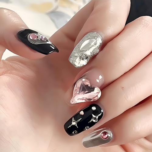 NLSJMP Handmade Reusable False nails,Long Balerina Press on Nails,3D Heart Acrylic Fake Nails Kit,Rhinestone Glitter Design Nail Art Kit,Include Toolkit,10Pcs,Bling,Size Large