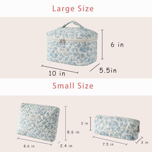 uekeboag Large Travel Quilted Makeup Bag for Women, Floral Cotton Cosmetic Bag, Coquette Aesthetic Floral Toiletry Organizer Bag