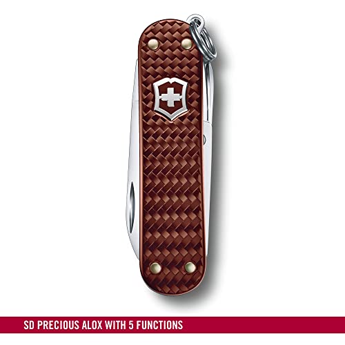 Victorinox Classic SD Precious Alox Swiss Army Knife, Compact 5 Function Swiss Made Pocket Knife with Small Blade, Screwdriver and Key Ring - Hazel Brown