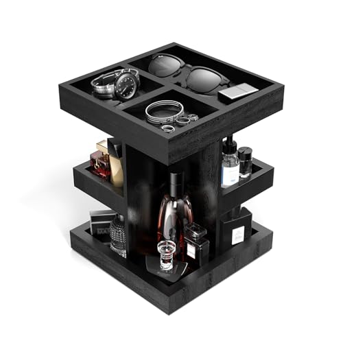 Wooden Cologne Organizer for Men: 3 Tier Perfume Display Stand with 360 Degree Rotating for Desk & Nightstand - Large Capacity Cologne Shelf Organizer for Mens Gift (Black)