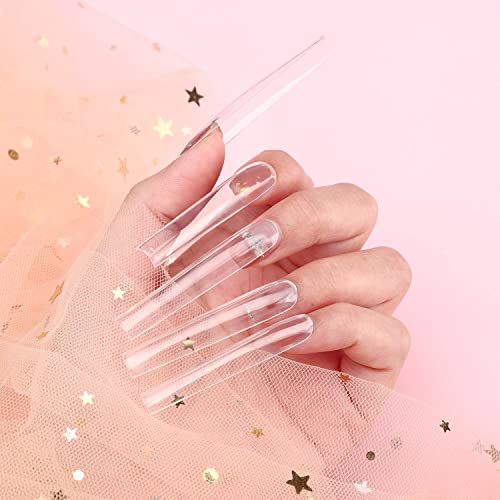 Noverlife 600PCS 3XL Extra Long C Curve Coffin False Nail Tips, Clear 10 Sizes, XXXL Super Long Ballerina Half Cover Fake Nails, Coffin Shape Artifical Fingernails for DIY Salon Nail Art Practice