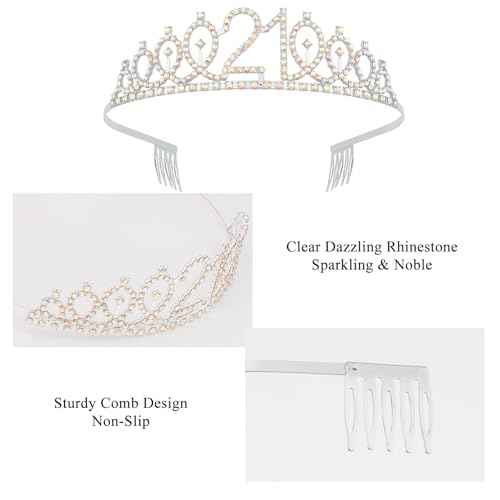 21st Birthday Crowns and Sashes for Women, Princess Tiara Sash Set Elegant Sliver Crown with Combs for Girls, 21st Birthday Decorations for Her Party Hair Accessories Gifts