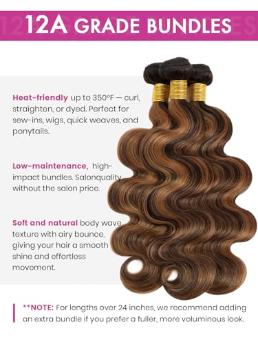 Body Wave Human Hair Bundles - 16/18/20 Inch Honey Blonde Ombre