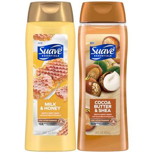 Suave Body Wash Variety 2-Pack, Milk & Honey + Cocoa Butter & Shea ? Gentle Body Washes with Sweet Blend Oil Essence, 18 Oz Ea