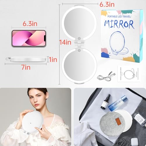 FUNTOUCH Travel Mirror with Lights and Magnification, 1X/10X Double Sided Makeup Vanity Mirror with 3 Color Setting, Christmas Birthday Gifts for Women Girls with Bag