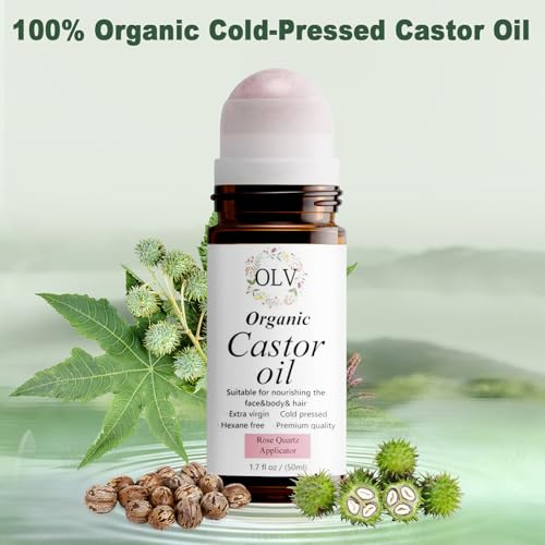 Organic Castor Oil with Rose Quartz Roller, 100% Pure Cold-Pressed Hexane-Free Unrefined, Reduces Fine Lines & Deeply Hydrates for Hair Growth, Eyelashes, Eyebrows & Firms Skin (50ML/1.7oz)