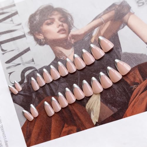 SXVME Almond Sliver Chrome French Tip Press On Nails with Glue Kit, 24 Nails in 12 Sizes