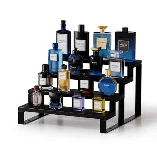 Cologne Organizer for Men, 12 Inch Wood Cologne Stand 4 Tier Perfume Organizer for Dresser, Versatile Step Display Stand Shelf for Fragrance, Skincare, Figurine, Dessert, 1 Set Black