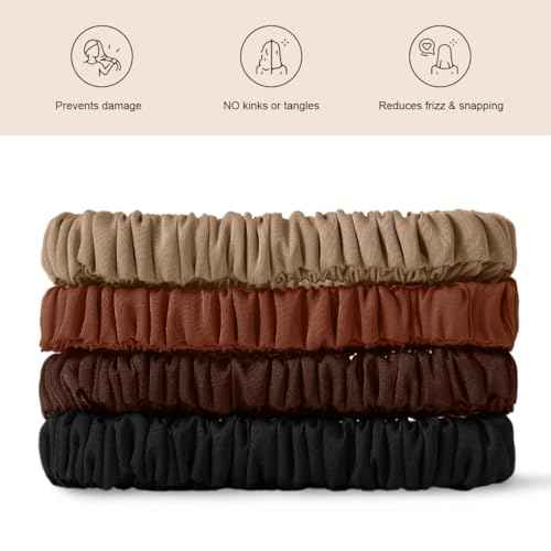 Mulberry Silk Scrunchies 4 Pack - Non Slip, Black Small Thin Silk Scrunchies for Women, Sleepy Ties for Thick Hair (Brown Series)