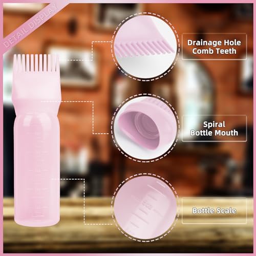 BLAAROOM Root Comb Applicator Bottle 6 Ounce, 2 Pack Hair Oil Applicator Bottle, Hair Dye Bottle Applicator Tools with Hair Oil Dispenser Root Comb Brush for Hair Oiling Applicator - Pink